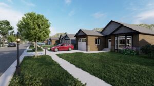 A scenic view of a new subdivision in Grand Forks, BC, featuring lush green grass and beautiful trees.